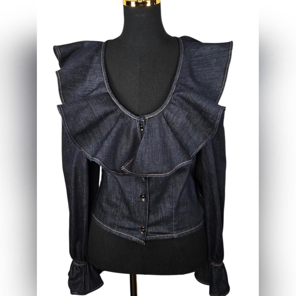 The Attico Ruffle Denim Blouse Scoop Neck Cold Shoulder Made in Italy | US Small - Picture 10 of 11